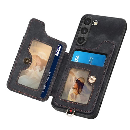 D4 For Samsung Galaxy S23+ Cell Phone Case RFID Blocking Card Holder Ring Kickstand Back Cover