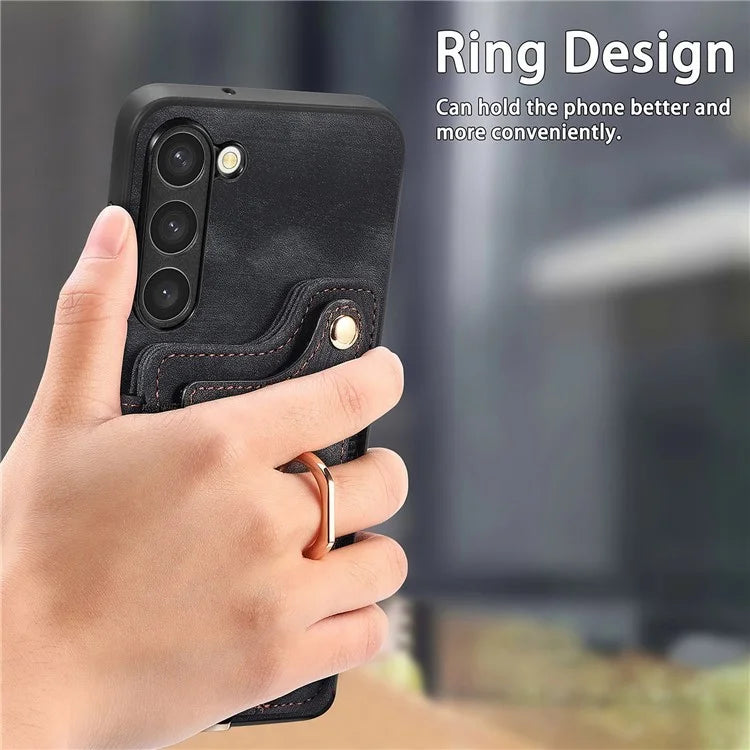 D4 For Samsung Galaxy S23+ Cell Phone Case RFID Blocking Card Holder Ring Kickstand Back Cover