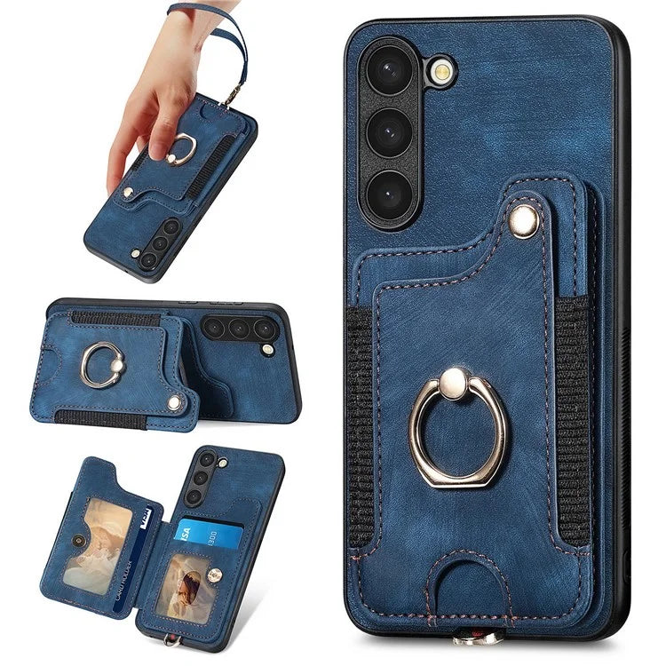 D4 For Samsung Galaxy S23+ Cell Phone Case RFID Blocking Card Holder Ring Kickstand Back Cover