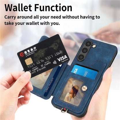 D4 For Samsung Galaxy S23+ Cell Phone Case RFID Blocking Card Holder Ring Kickstand Back Cover