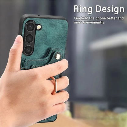D4 For Samsung Galaxy S23+ Cell Phone Case RFID Blocking Card Holder Ring Kickstand Back Cover