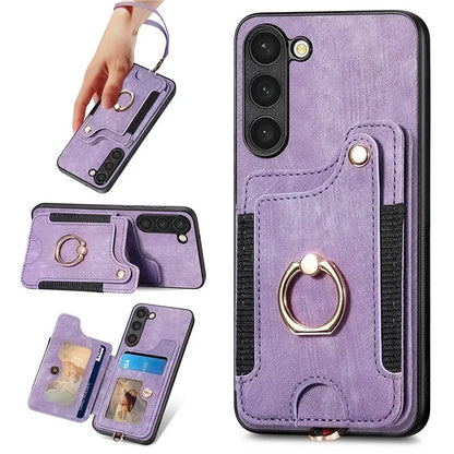 D4 For Samsung Galaxy S23+ Cell Phone Case RFID Blocking Card Holder Ring Kickstand Back Cover