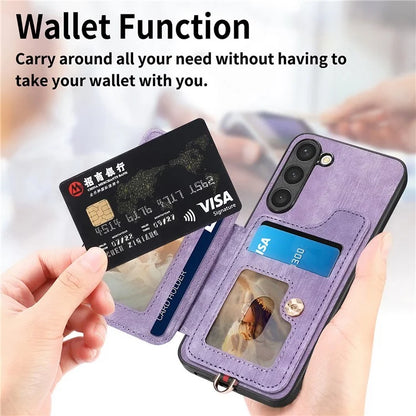 D4 For Samsung Galaxy S23+ Cell Phone Case RFID Blocking Card Holder Ring Kickstand Back Cover