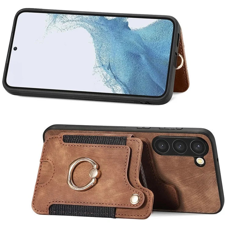 D4 For Samsung Galaxy S23+ Cell Phone Case RFID Blocking Card Holder Ring Kickstand Back Cover