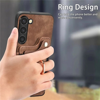 D4 For Samsung Galaxy S23+ Cell Phone Case RFID Blocking Card Holder Ring Kickstand Back Cover