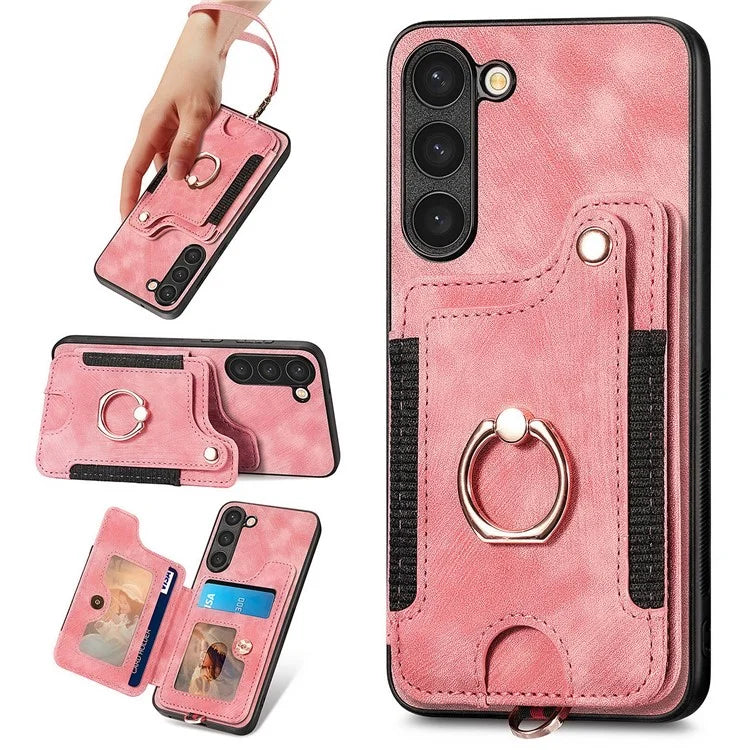 D4 Cell Phone Case for Samsung Galaxy S23 RFID Blocking Card Holder Ring Kickstand Back Cover