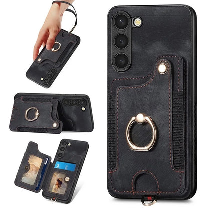 D4 Cell Phone Case for Samsung Galaxy S23 RFID Blocking Card Holder Ring Kickstand Back Cover