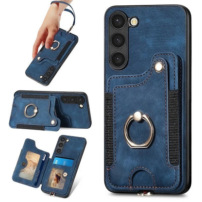 D4 Cell Phone Case for Samsung Galaxy S23 RFID Blocking Card Holder Ring Kickstand Back Cover