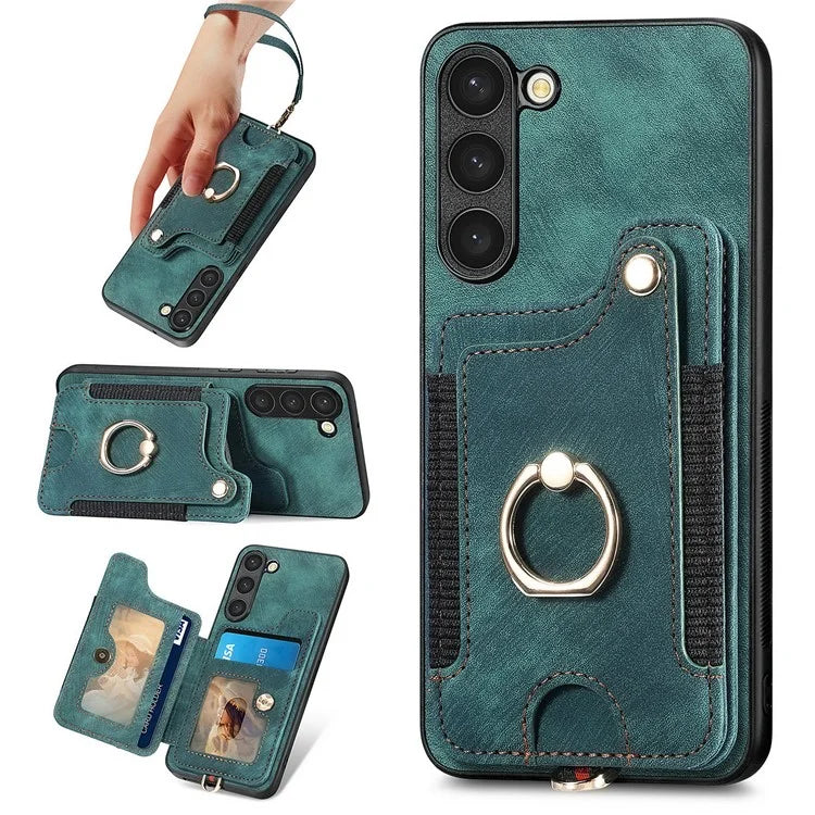D4 Cell Phone Case for Samsung Galaxy S23 RFID Blocking Card Holder Ring Kickstand Back Cover