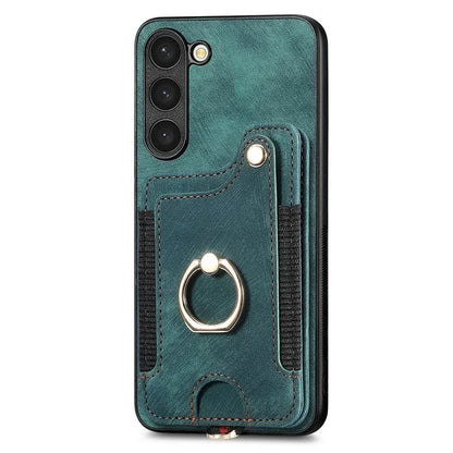 D4 Cell Phone Case for Samsung Galaxy S23 RFID Blocking Card Holder Ring Kickstand Back Cover