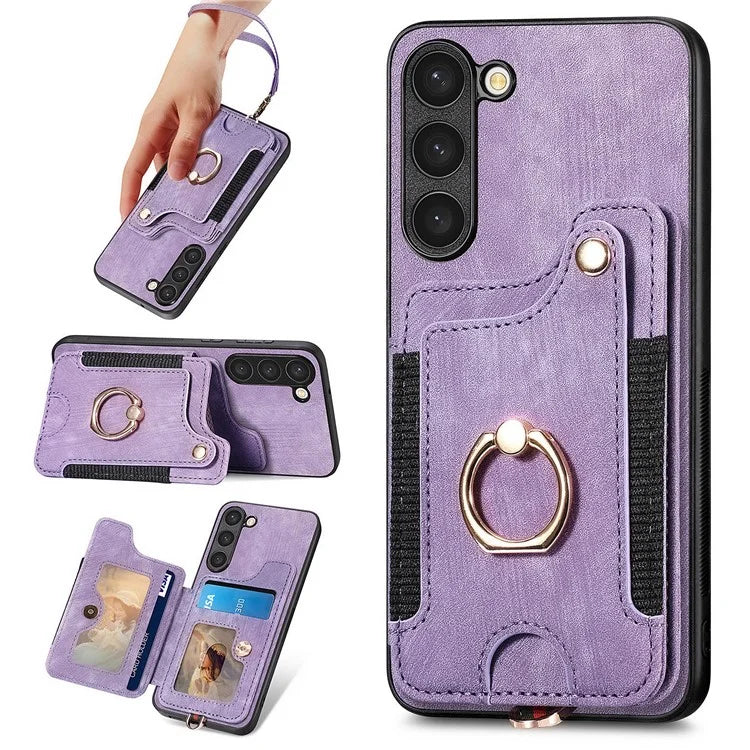 D4 Cell Phone Case for Samsung Galaxy S23 RFID Blocking Card Holder Ring Kickstand Back Cover