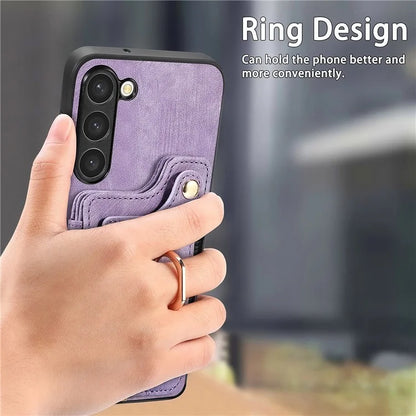 D4 Cell Phone Case for Samsung Galaxy S23 RFID Blocking Card Holder Ring Kickstand Back Cover