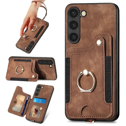 D4 Cell Phone Case for Samsung Galaxy S23 RFID Blocking Card Holder Ring Kickstand Back Cover