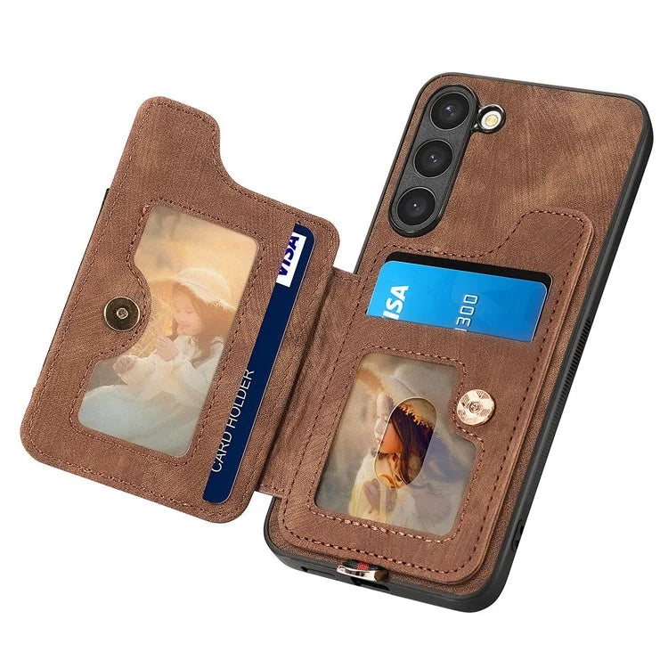 D4 Cell Phone Case for Samsung Galaxy S23 RFID Blocking Card Holder Ring Kickstand Back Cover
