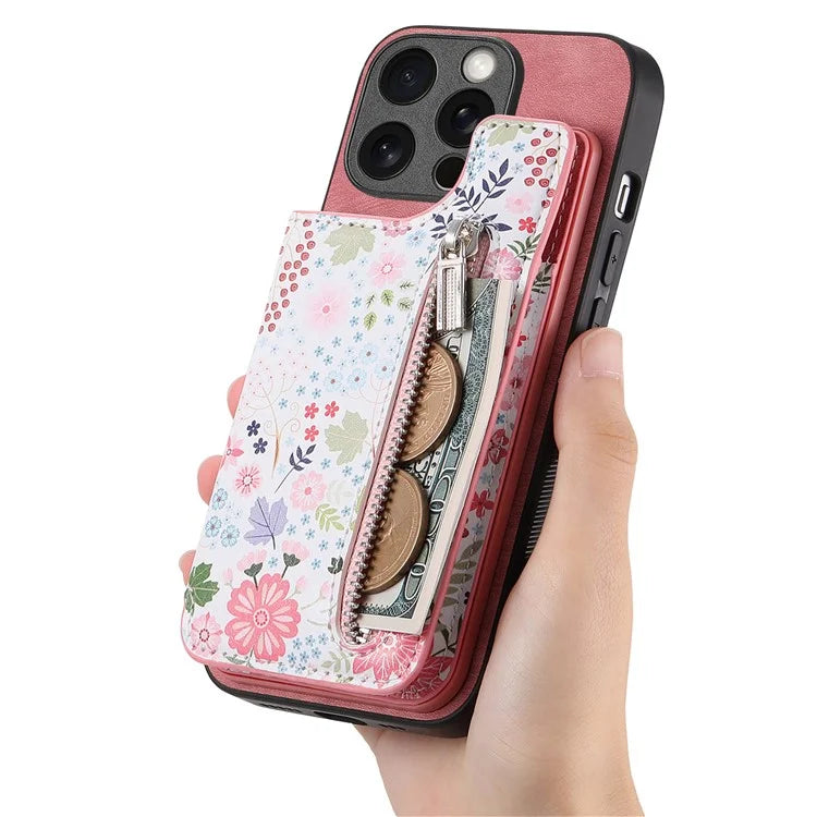 D10 For iPhone 13 Pro 6.1 inch Phone Cover Colorful Printed Card Holder Zipper Design Protective Case