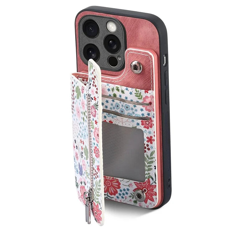 D10 For iPhone 13 Pro 6.1 inch Phone Cover Colorful Printed Card Holder Zipper Design Protective Case