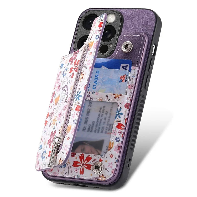 D10 For iPhone 13 Pro 6.1 inch Phone Cover Colorful Printed Card Holder Zipper Design Protective Case