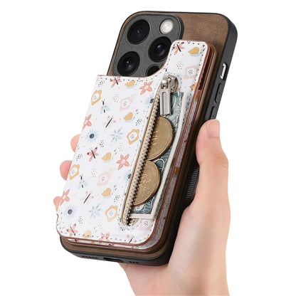 D10 For iPhone 13 Pro 6.1 inch Phone Cover Colorful Printed Card Holder Zipper Design Protective Case