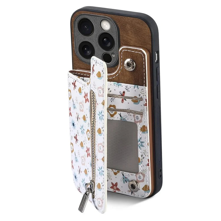 D10 For iPhone 13 Pro 6.1 inch Phone Cover Colorful Printed Card Holder Zipper Design Protective Case