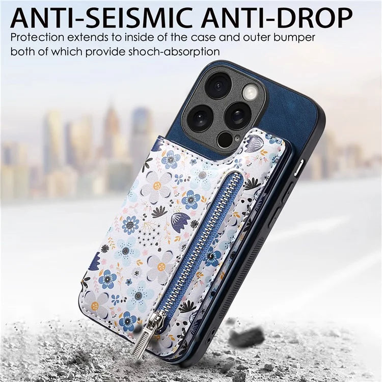 D10 For iPhone 13 Pro 6.1 inch Phone Cover Colorful Printed Card Holder Zipper Design Protective Case