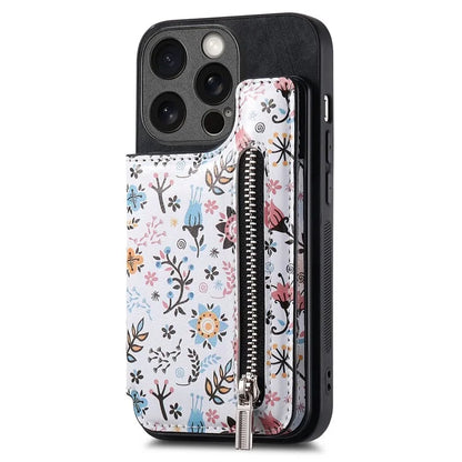 D10 For iPhone 13 Pro 6.1 inch Phone Cover Colorful Printed Card Holder Zipper Design Protective Case