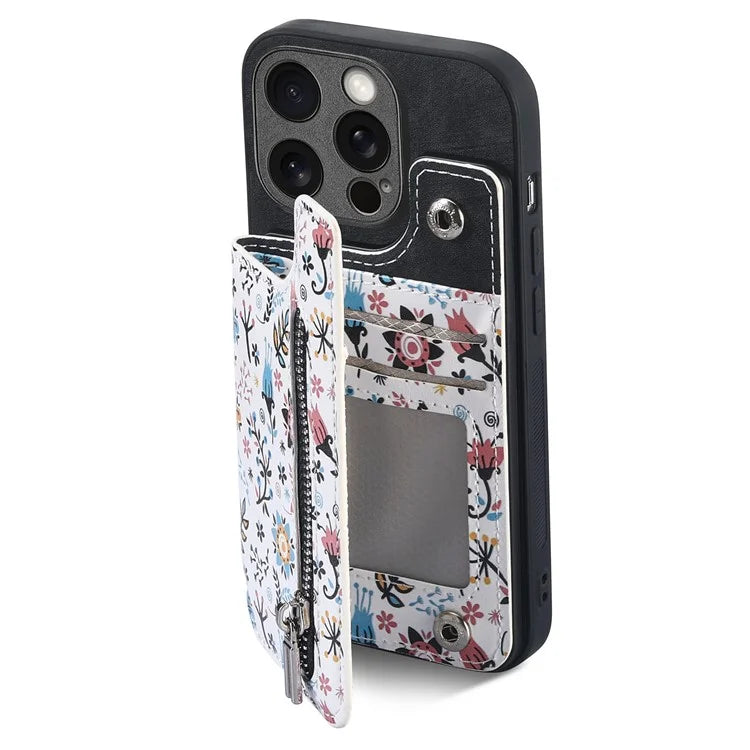 D10 For iPhone 13 Pro 6.1 inch Phone Cover Colorful Printed Card Holder Zipper Design Protective Case