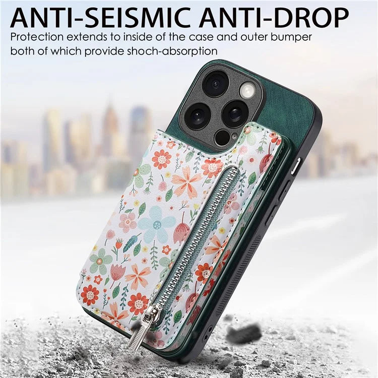 D10 For iPhone 13 Pro 6.1 inch Phone Cover Colorful Printed Card Holder Zipper Design Protective Case