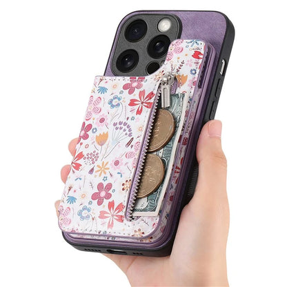 D10 For iPhone 13 Pro Max 6.7 inch Cover Stylish Printed Card Holder Zipper Wallet Cell Phone Case