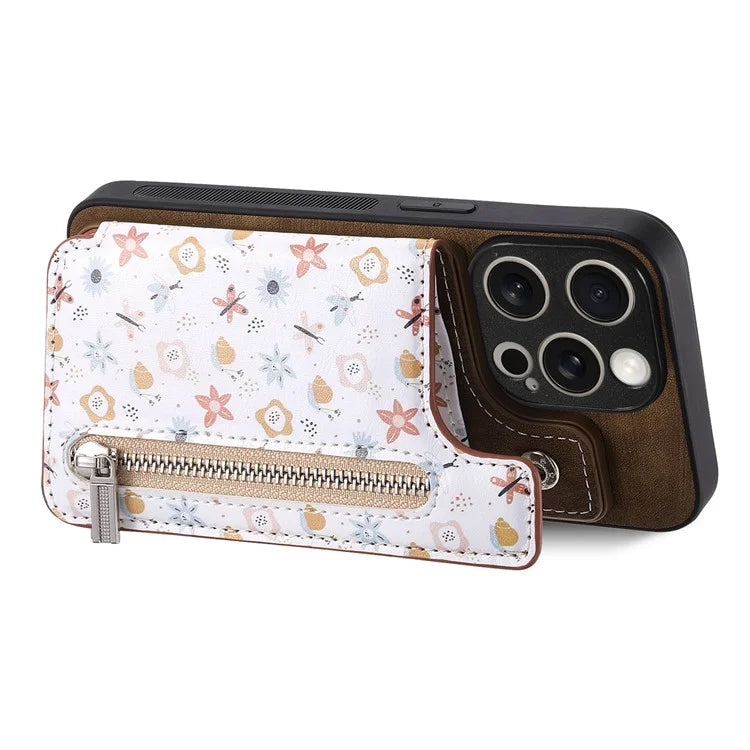 D10 For iPhone 13 Pro Max 6.7 inch Cover Stylish Printed Card Holder Zipper Wallet Cell Phone Case