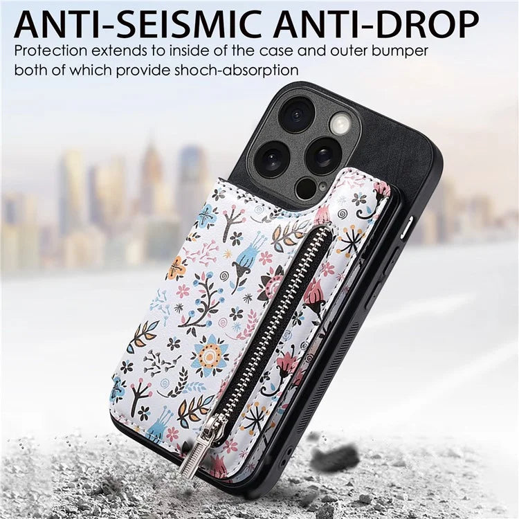 D10 For iPhone 13 Pro Max 6.7 inch Cover Stylish Printed Card Holder Zipper Wallet Cell Phone Case