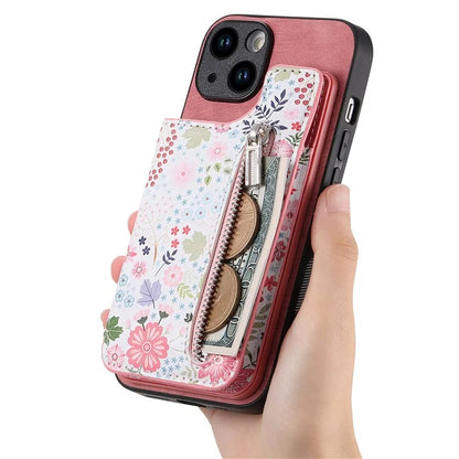D10 For iPhone 13 6.1 inch Case Pattern Printed Zipper Wallet TPU+Leather Phone Back Cover
