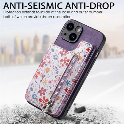 D10 For iPhone 13 6.1 inch Case Pattern Printed Zipper Wallet TPU+Leather Phone Back Cover