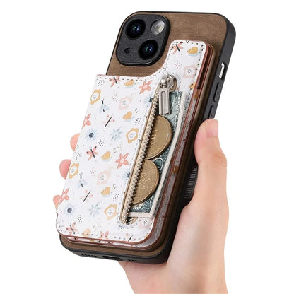 D10 For iPhone 13 6.1 inch Case Pattern Printed Zipper Wallet TPU+Leather Phone Back Cover
