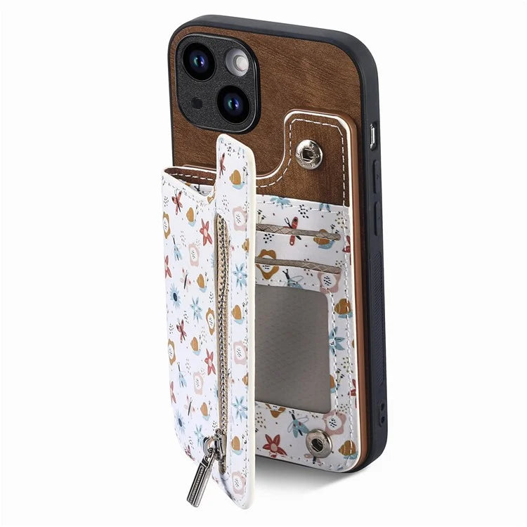 D10 For iPhone 13 6.1 inch Case Pattern Printed Zipper Wallet TPU+Leather Phone Back Cover