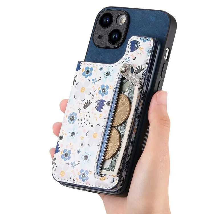 D10 For iPhone 13 6.1 inch Case Pattern Printed Zipper Wallet TPU+Leather Phone Back Cover