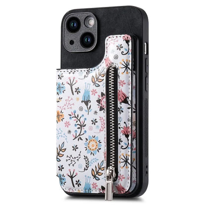 D10 For iPhone 13 6.1 inch Case Pattern Printed Zipper Wallet TPU+Leather Phone Back Cover