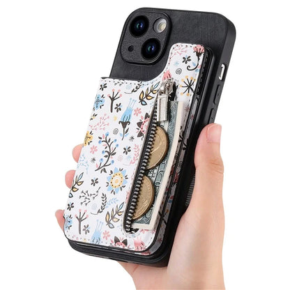 D10 For iPhone 13 6.1 inch Case Pattern Printed Zipper Wallet TPU+Leather Phone Back Cover