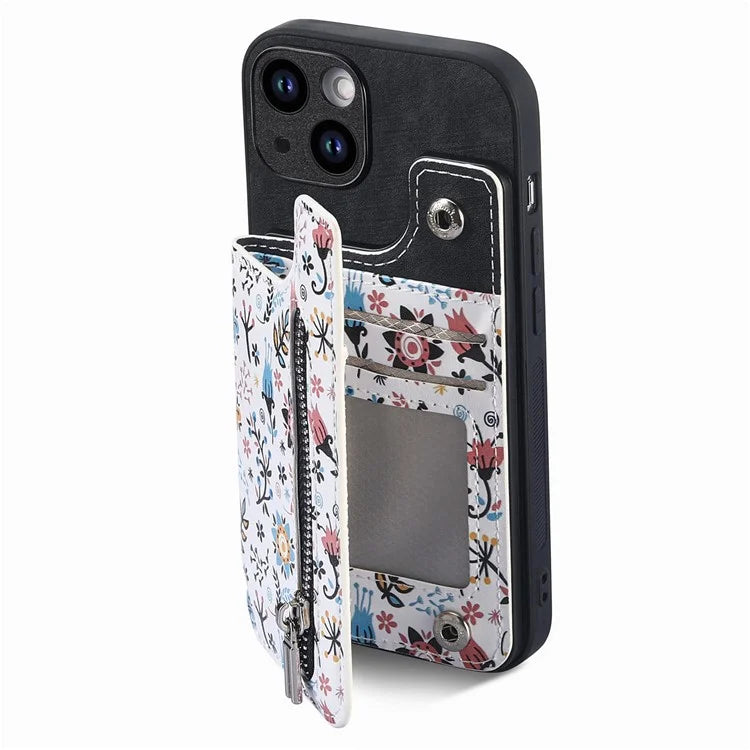 D10 For iPhone 13 6.1 inch Case Pattern Printed Zipper Wallet TPU+Leather Phone Back Cover