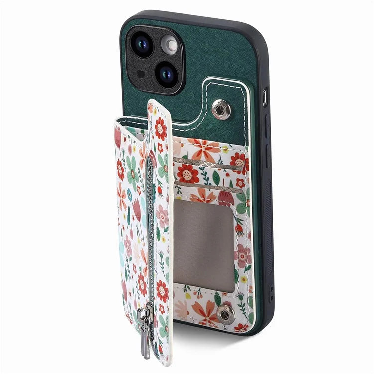 D10 For iPhone 13 6.1 inch Case Pattern Printed Zipper Wallet TPU+Leather Phone Back Cover