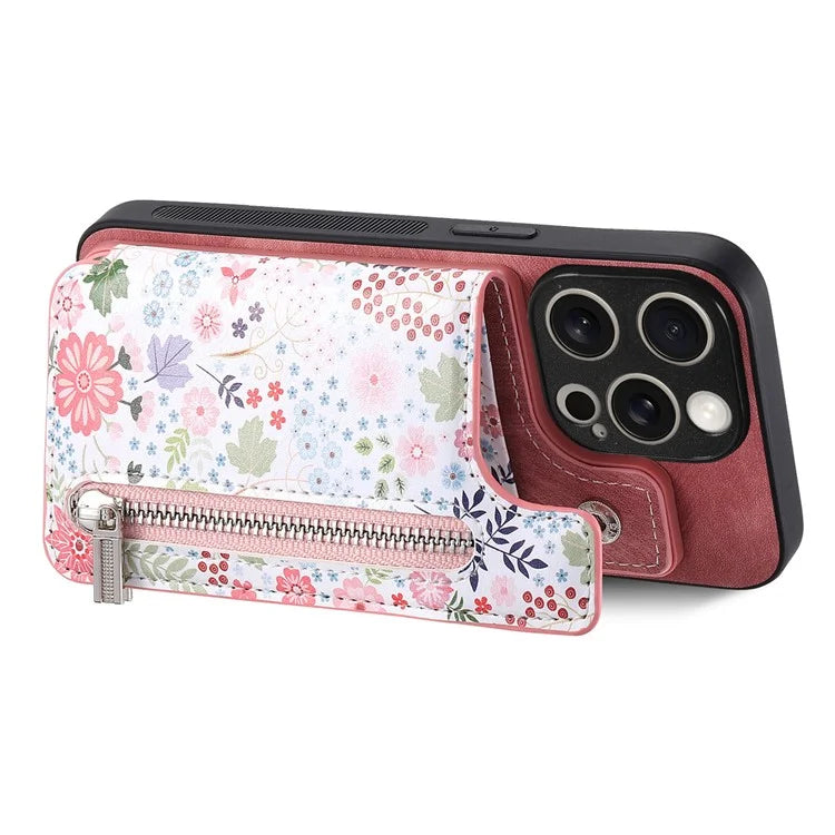 D10 Phone Cover for iPhone 14 Pro Max Colorful Printed Card Holder Zipper Design Protective Case