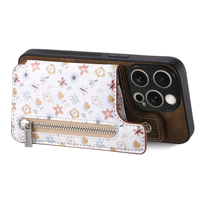 D10 Phone Cover for iPhone 14 Pro Max Colorful Printed Card Holder Zipper Design Protective Case