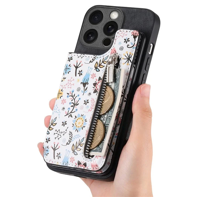 D10 Phone Cover for iPhone 14 Pro Max Colorful Printed Card Holder Zipper Design Protective Case
