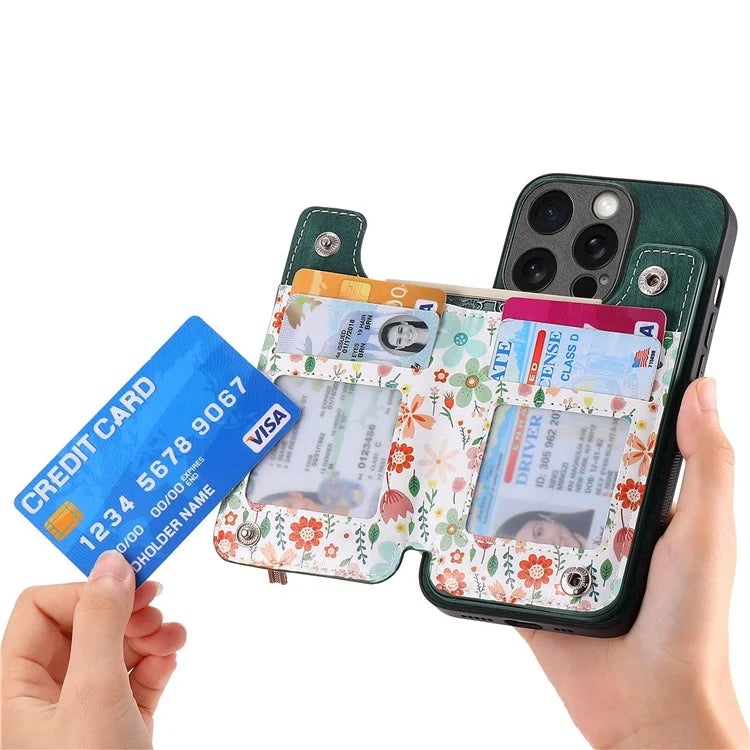D10 Phone Cover for iPhone 14 Pro Max Colorful Printed Card Holder Zipper Design Protective Case