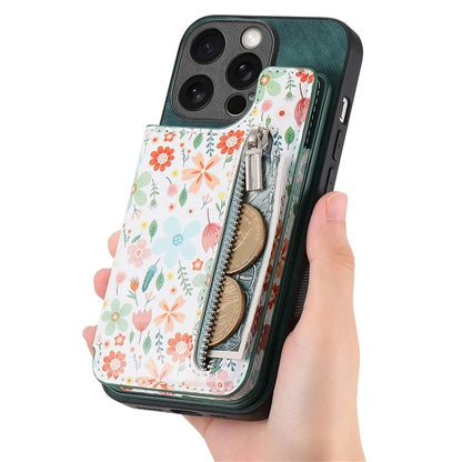 D10 Phone Cover for iPhone 14 Pro Max Colorful Printed Card Holder Zipper Design Protective Case