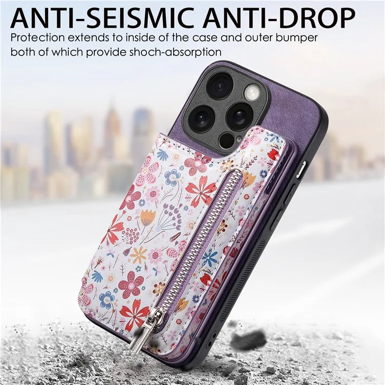 D10 For iPhone 14 Pro Case Pattern Printed Retro Leather+TPU Phone Cover with Zipper Design