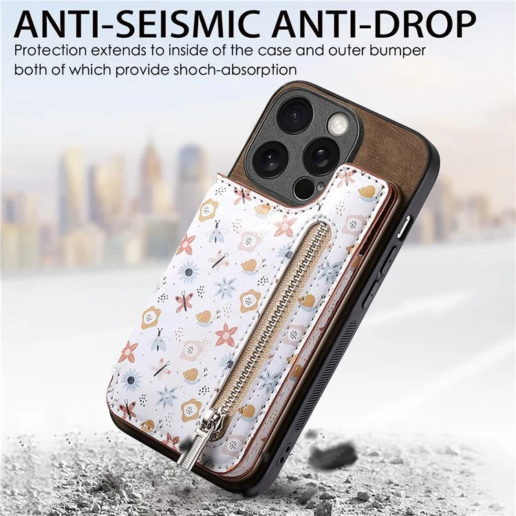 D10 For iPhone 14 Pro Case Pattern Printed Retro Leather+TPU Phone Cover with Zipper Design