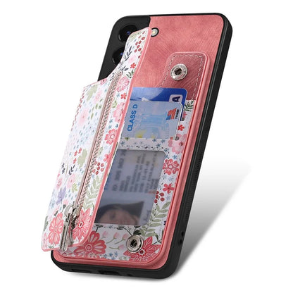 D10 Phone Cover for Samsung Galaxy S22 5G Colorful Printed Card Holder Zipper Design Back Shell