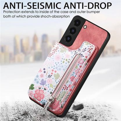D10 Phone Cover for Samsung Galaxy S22 5G Colorful Printed Card Holder Zipper Design Back Shell