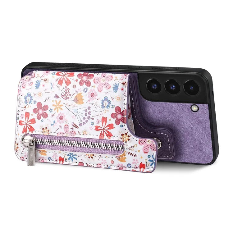 D10 Phone Cover for Samsung Galaxy S22 5G Colorful Printed Card Holder Zipper Design Back Shell