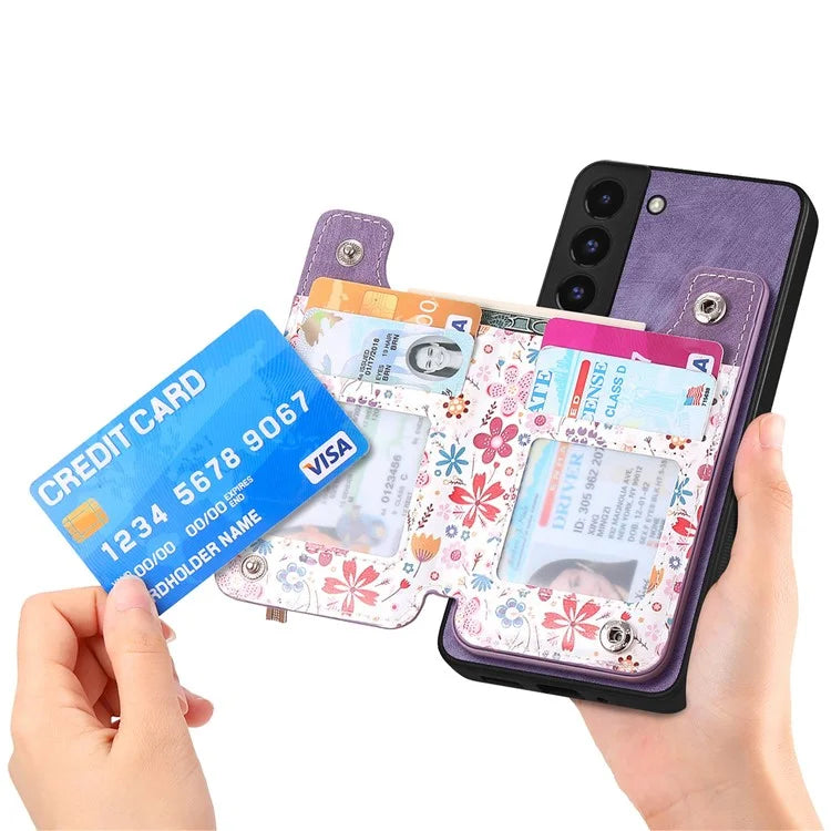 D10 Phone Cover for Samsung Galaxy S22 5G Colorful Printed Card Holder Zipper Design Back Shell